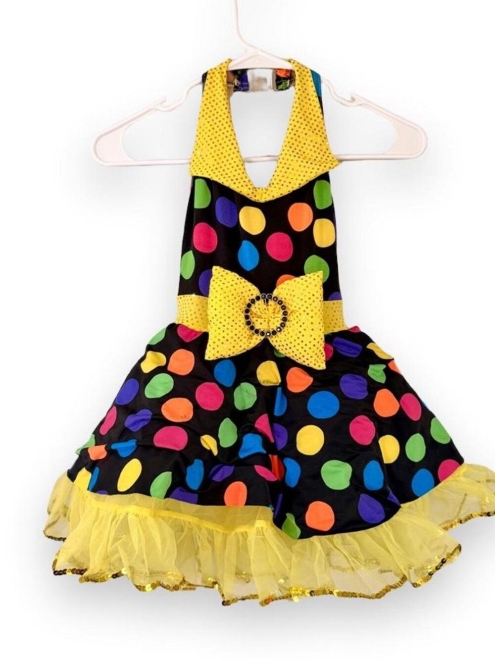 A Wish Come True Girls Dance Costume Polka Dot Yellow Sequin Halter MC 8-10